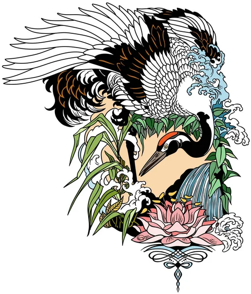 日本鹤鸟在园林景观与水百合花 鞑靼人图形矢量说明 — 图库矢量图片