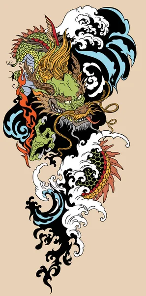Κινέζικος Ανατολικοασιατικός Δράκος Κύματα Νερού Τατουάζ Εικονογράφηση Διανύσματος — Διανυσματικό Αρχείο
