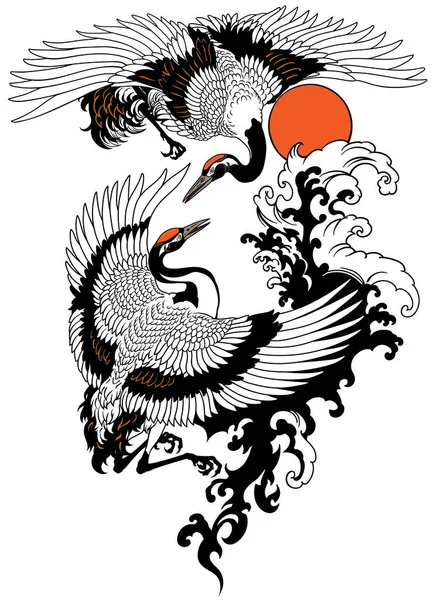 两只带水波和红色太阳的飞鹤 纹身矢量说明 — 图库矢量图片