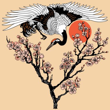 Çiçek açan sakura dallı Japon turnası ve kırmızı güneş. Uçan kuş ve kiraz ağacı çiçekleri çiçek açar. Dövme. Vektör illüstrasyonu