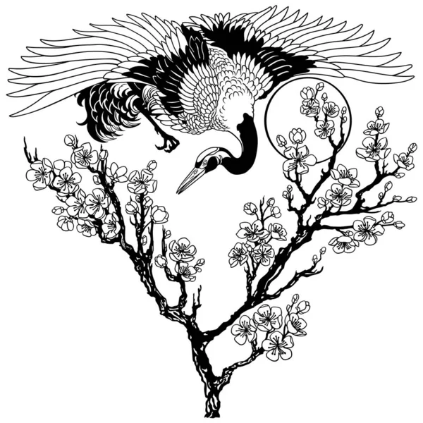 Japonský Jeřáb Větví Kvetoucího Sakury Slunce Létající Pták Třešňové Květy — Stockový vektor