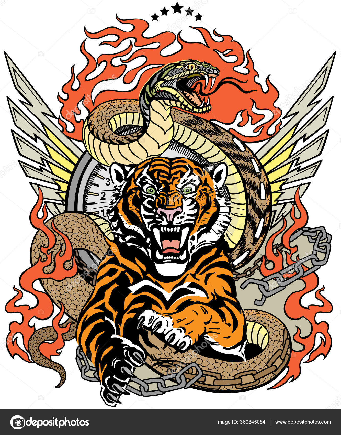 Brølende Tiger Hopp Slange Som Vei Designmalen Omfatter Knust Kjetting  stockvektor © insima #360845084, image size:1334x1700