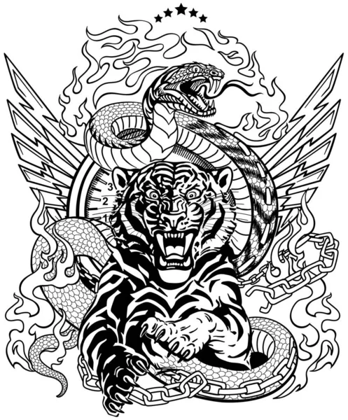 Tigre Rugissant Dans Saut Serpent Comme Route Modèle Conception Comprennent — Image vectorielle