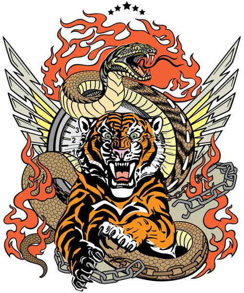 Ревущий Тигр Прыжке Змея Дорога Дизайн Шаблона Включает Разорванную Цепь — стоковый вектор