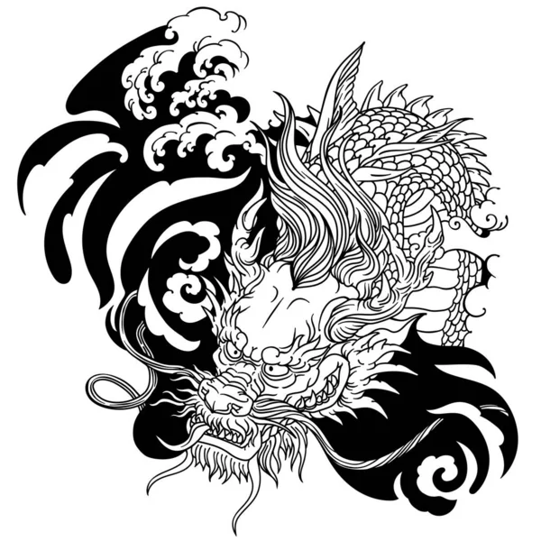 Çin Doğu Asya Ejderhalarının Başı Dövme Siyah Beyaz Vektör Çizimi — Stok Vektör