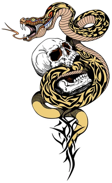 Serpiente Enrollada Alrededor Del Cráneo Humano Roto Tatuaje Tribal Ilustración — Vector de stock