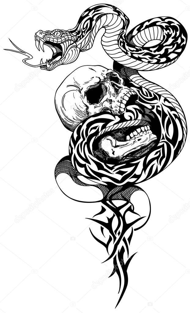 snake coiled around the broken human skull. Black and white tribal tattoo. Vector illustration