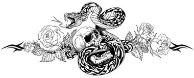 Angry snake coiled around the human skull and rose flowers. Black and white tattoo. Vector illustration vector