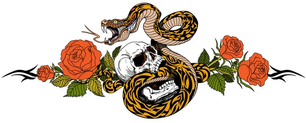 Serpent Colère Enroulé Autour Crâne Humain Des Fleurs Rose Tatouage — Image vectorielle