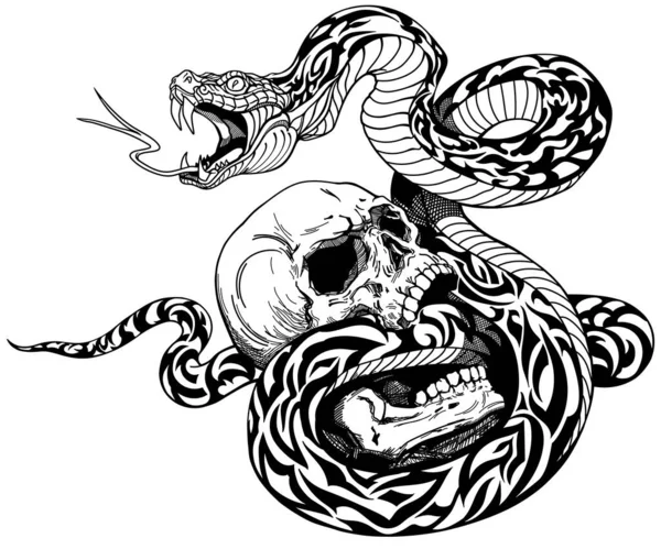 Serpent Enroulé Autour Crâne Humain Cassé Tatouage Noir Blanc Illustration — Image vectorielle