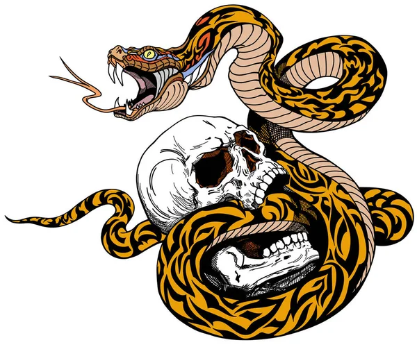 Serpiente Enrollada Alrededor Del Cráneo Humano Roto Tatuaje Ilustración Vectorial — Archivo Imágenes Vectoriales