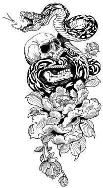 Angry snake coiled around the broken human skull and peony flower. Black and white tattoo. Vector illustration vector Angry snake coiled around the broken human skull and peony flower. Black and white tattoo. Vector illustration vector