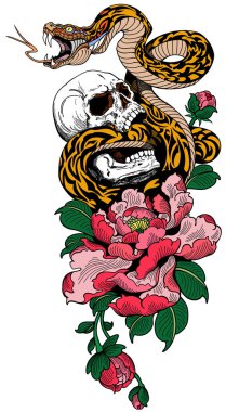 Angry snake coiled around the broken human skull and peony flower. Tattoo. Vector illustration vector Angry snake coiled around the broken human skull and peony flower. Tattoo. Vector illustration vector