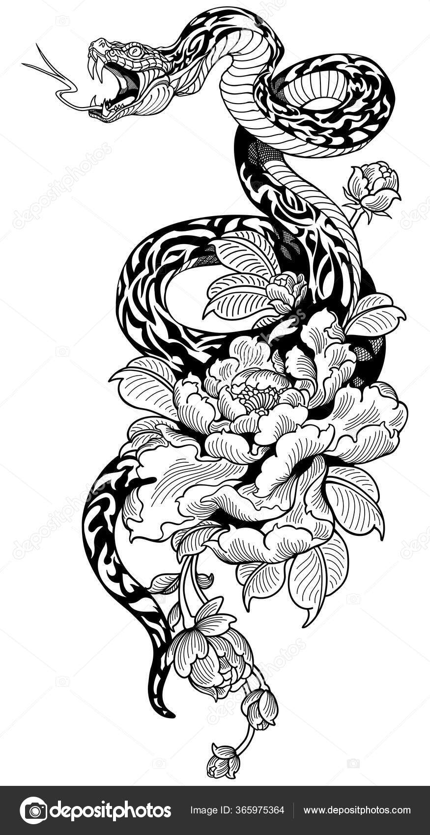ArtStation  Tattoo Design  The Naga snake with peony flower all sleeve