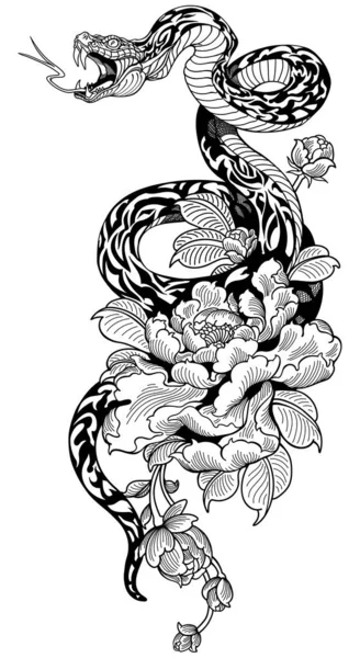 Serpent Enroulé Autour Fleur Pivoine Tatouage Noir Blanc Illustration Vectorielle — Image vectorielle