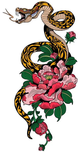 Snake Coiled Peony Flower Tattoo Graphic Style Vector Illustration — Stock Vector