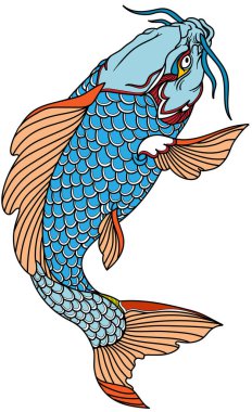 Mavi koi sazan balığı yüzüyor. Dövme. İzole vektör illüstrasyonu