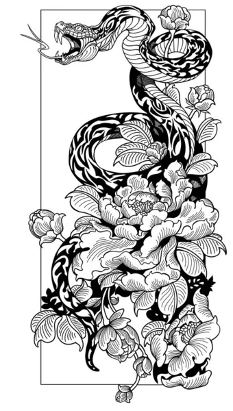 Serpiente Enrollada Alrededor Flor Peonía Blanco Negro Ilustración Vectorial Estilo — Vector de stock