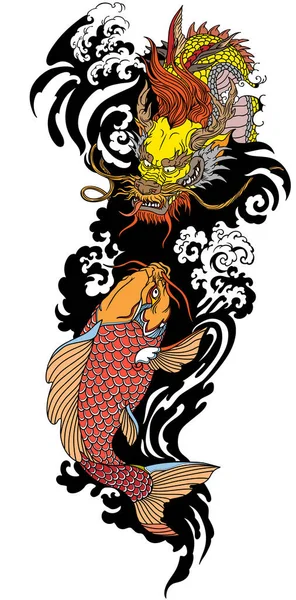 Złoty Wschodnioazjatycki Smok Falami Wodnymi Japońskimi Karpiami Tatuaż Ilustracja Wektora — Wektor stockowy