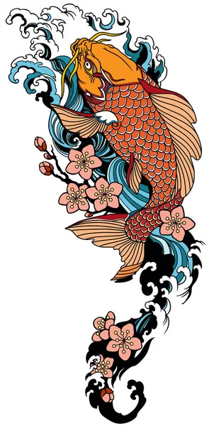 Koi Karpfen Schwimmen Stromaufwärts Und Sakura Blüht Japanischer Goldfisch Mit — Stockvektor