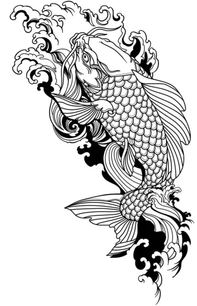 Koi Carp Swimming Upstream Japanese Gold Fish Water Waves Tattoo — Stock Vector