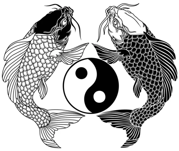 Zwei Koi Karpfenfische Und Der Kreis Des Yin Yang Symbols — Stockvektor