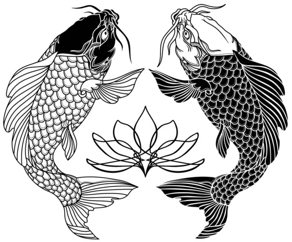 Two Koi Carp Fishes Water Lily Flower Tattoo Black White — Stock Vector