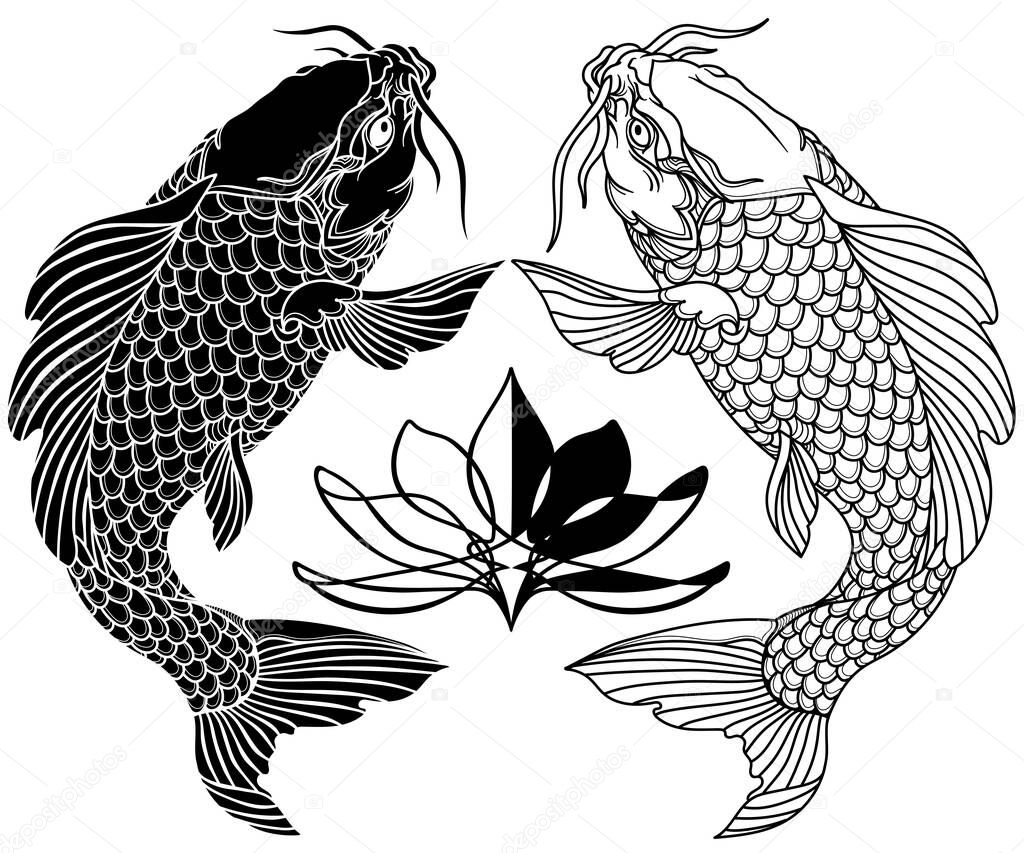two koi carp fishes and water lily flower. Tattoo. Black and white vector illustration