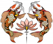 dvě japonské kapry koi a lilie. Tetování. Vektorová ilustrace