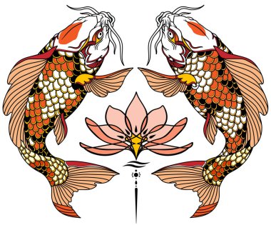 İki Japon sazan balığı ve nilüfer çiçeği. Dövme. Vektör illüstrasyonu