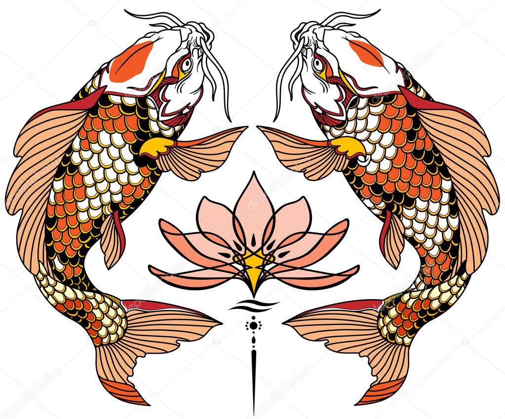 two Japanese koi carp fishes and water lily flower. Tattoo. Vector illustration