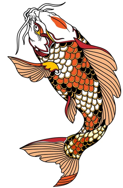 Czerwone Białe Japońskie Ryby Karpi Pływające Górę Tatuaż Ilustracja Izolowanego — Wektor stockowy