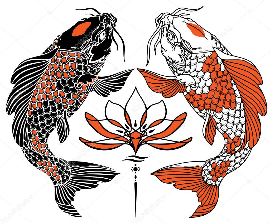 two Japanese koi carp and water lily flower. Black white red. Tattoo. Vector illustration