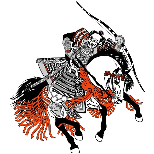 Azjatycki Łucznik Wojowników Japoński Samurajski Jeździec Siedzący Koniu Noszący Średniowieczną — Wektor stockowy