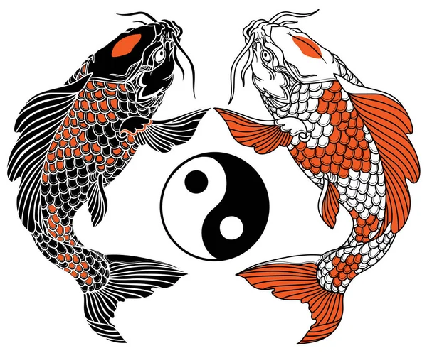 Zwei Koi Karpfenfische Und Der Kreis Des Yin Yang Symbols — Stockvektor