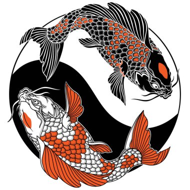 Yin yang sembolünde iki sazan balığı var. Dövme. Siyah beyaz kırmızı vektör çizimi