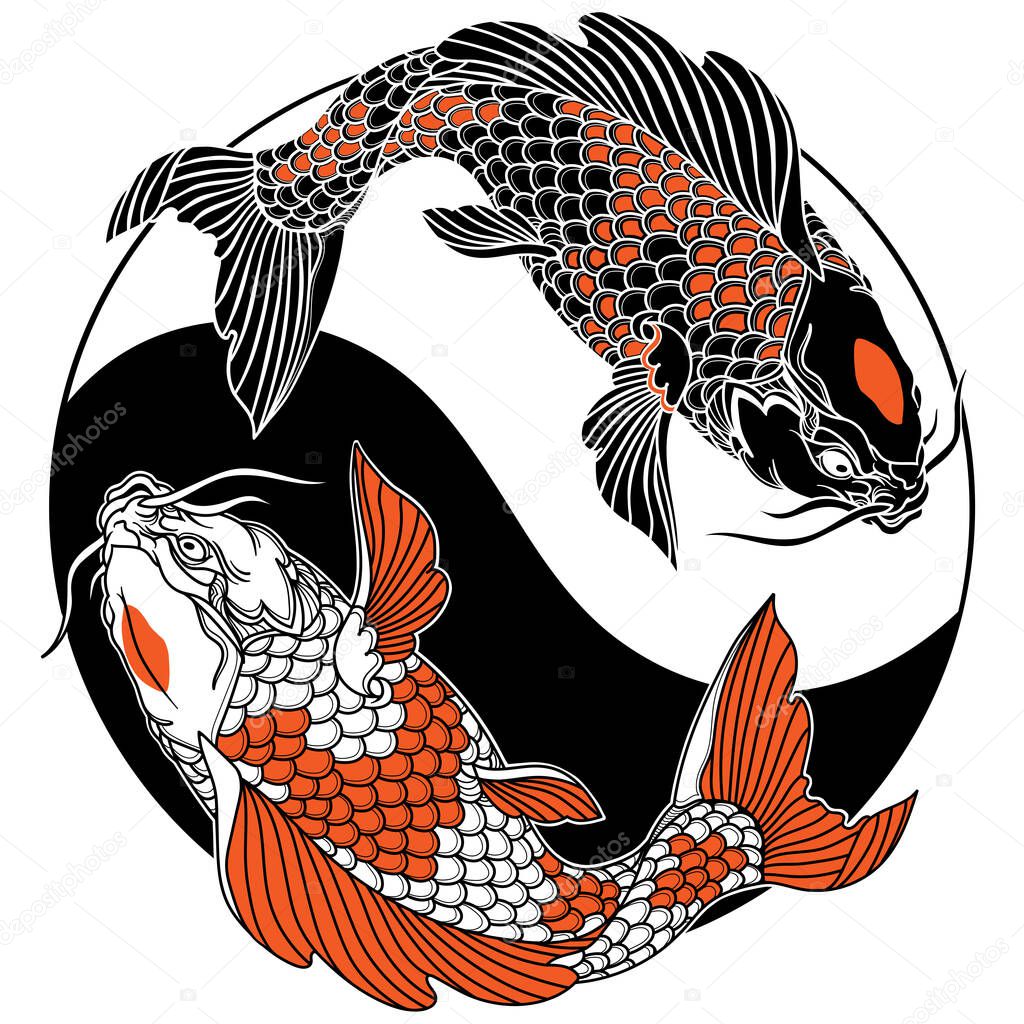 two koi carp fishes in the circle of yin yang symbol. Tattoo. Black white red vector illustration