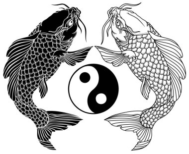 İki sazan balığı ve yin yang sembolü. Dövme. Siyah ve beyaz vektör çizimi