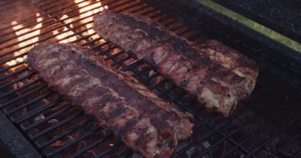 Costillas de cerdo cocinando en parrilla barbacoa — Vídeos de Stock