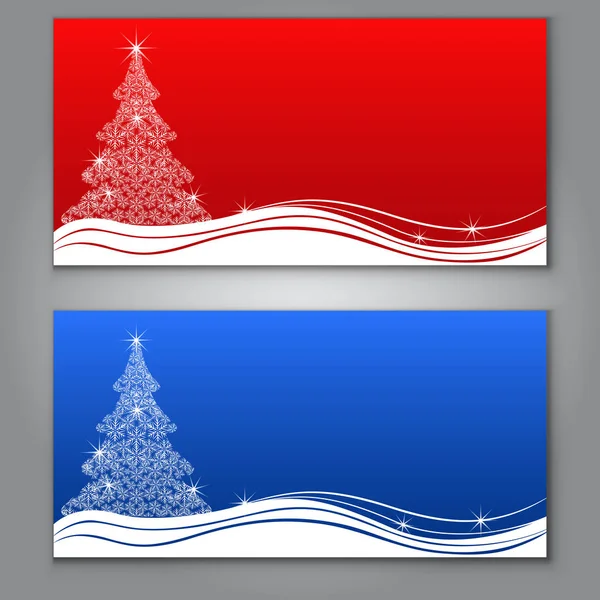 Cartões de árvore de Natal vermelho e azul com modelo vetorial espaço cópia —  Vetores de Stock