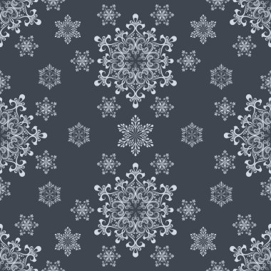 Soyut kesintisiz beyaz kar tanesi şekiller koyu gri arka plan üzerinde