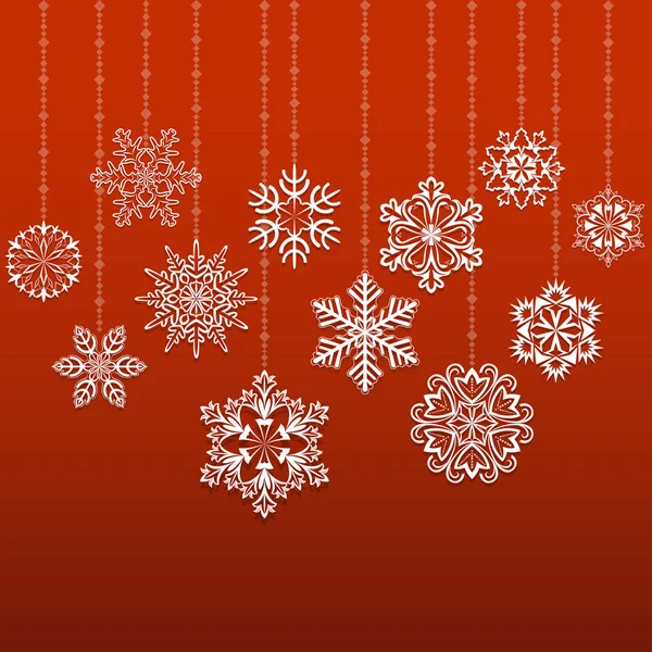 Copos de nieve blancos abstractos colgando sobre fondo rojo Navidad — Vector de stock