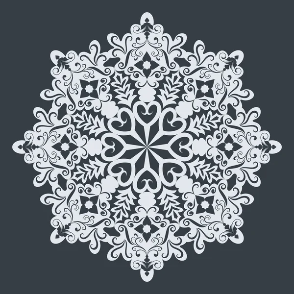 Copo de nieve ornamental blanco grande sobre fondo negro. Navidad de — Vector de stock