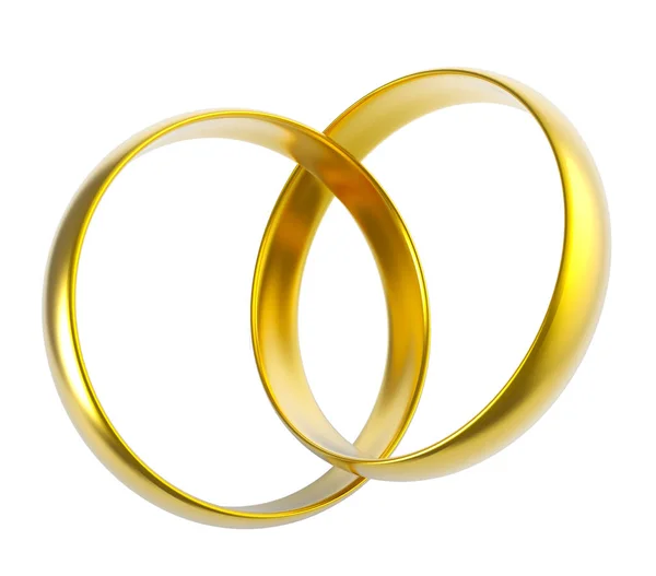 Gold wedding rings linked in shape of heart isolated on white ba Stock