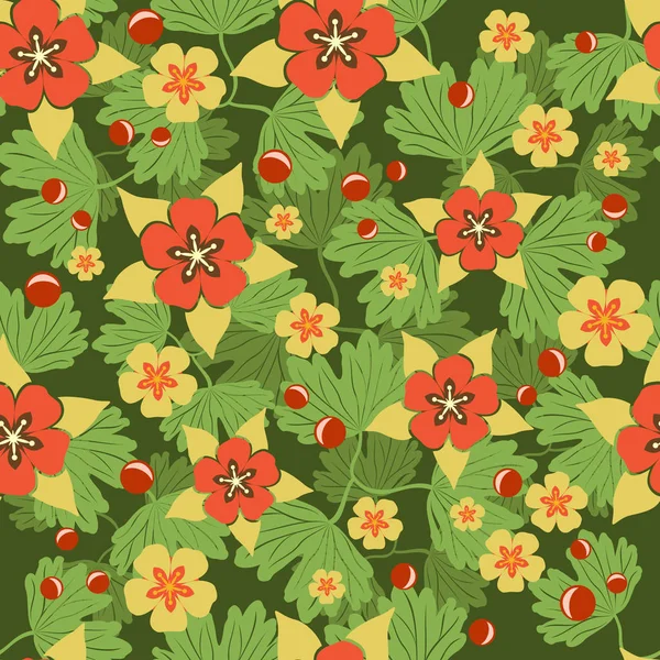 Seamless green and red summer flower vector background — Stock Vector