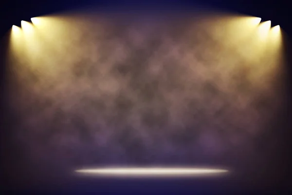 Boş mavi sahne arkaplanını aydınlatan spot ışıkları — Stok fotoğraf