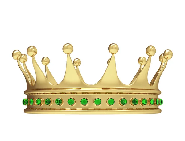 Shiny gold crown decorated with green precious gems — Stock Photo, Image