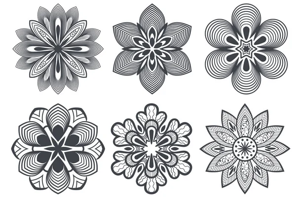 Czarne i białe okrągłe elementy kwiatowe — Wektor stockowy