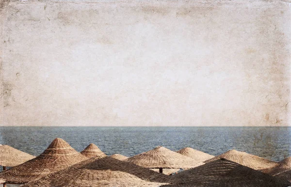 Illustraties in vintage stijl, landschap van zee en strand parasols, Egypte, — Stockfoto