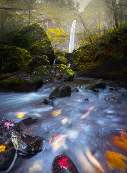 Wasserfall und Bach mit fließenden Herbstblättern — Stockfoto